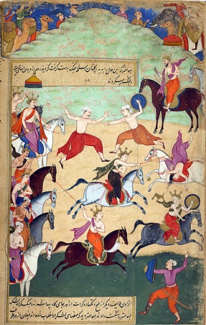 The forces of Visvamitra and those raised by Vasistha volition battle for possession of Sabala.jpg