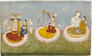Brahma Vishnu and Shiva with their consorts.jpg