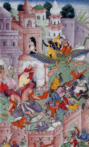 Krishna Cleaves the Demon Narakasura with his Discus.jpg